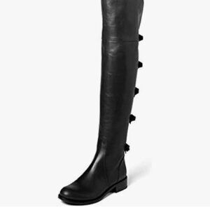 XYD Women Over The Knee Thigh High Leather Boots Chunky Heel Round Toe Black